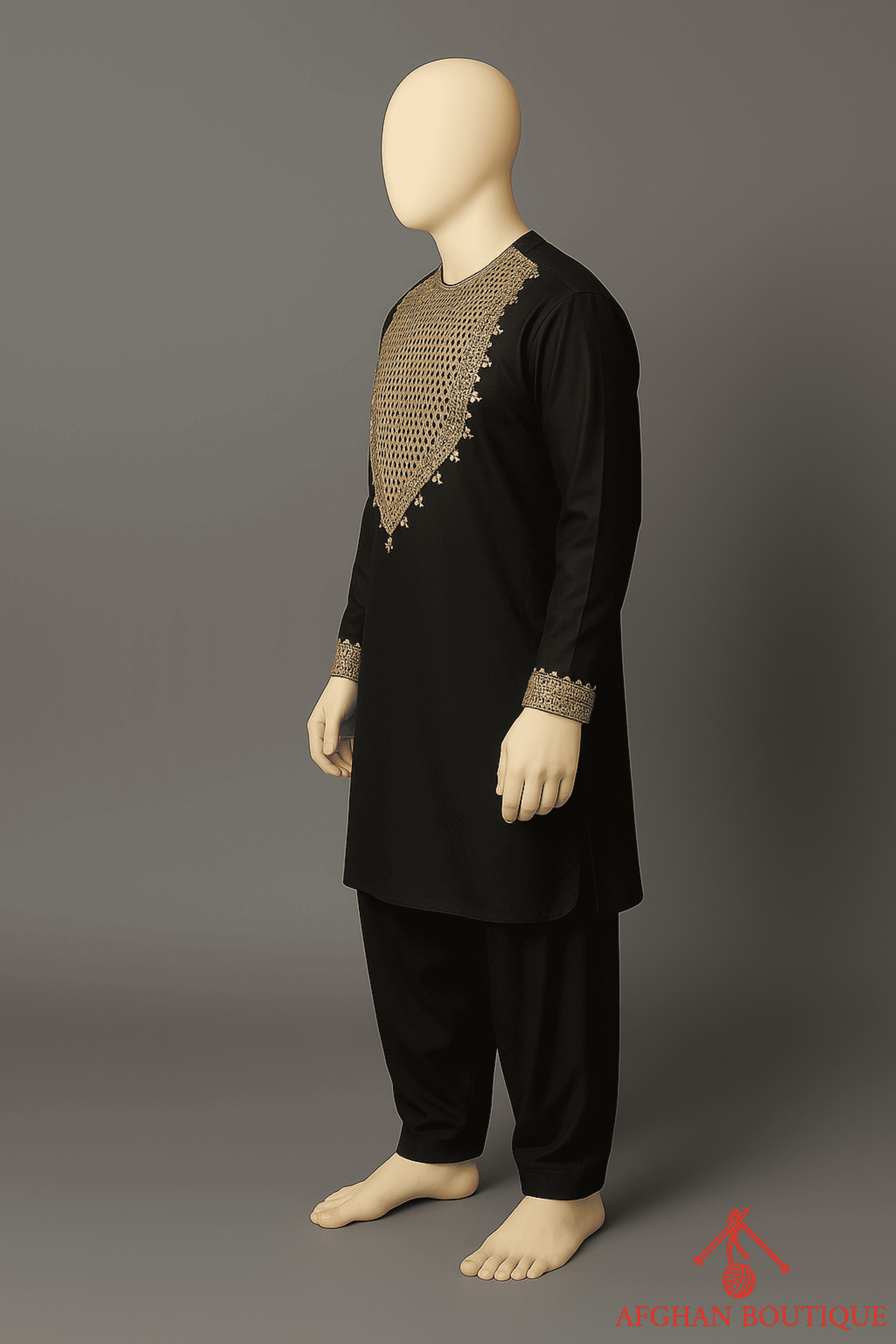 Left angle of black Afghani Kurta displaying soft fabric texture and stitching details.