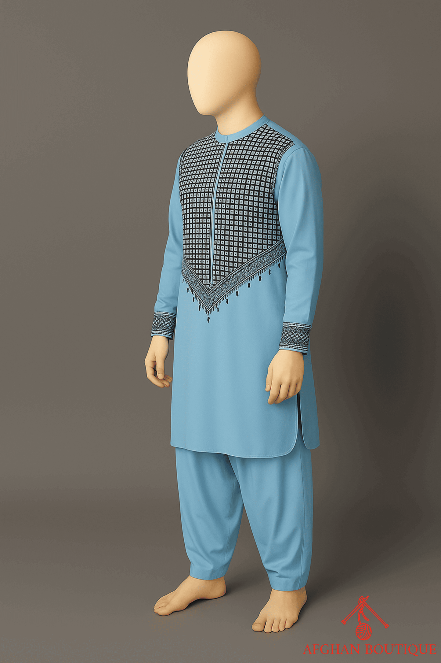 Left profile of handcrafted blue Afghani Kurta with soft cotton texture.