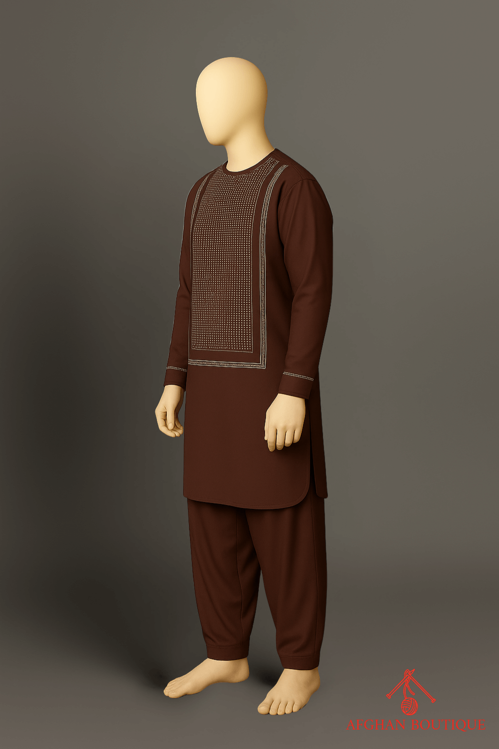 Left profile of brown Afghani Kurta made from premium handwoven fabric.
