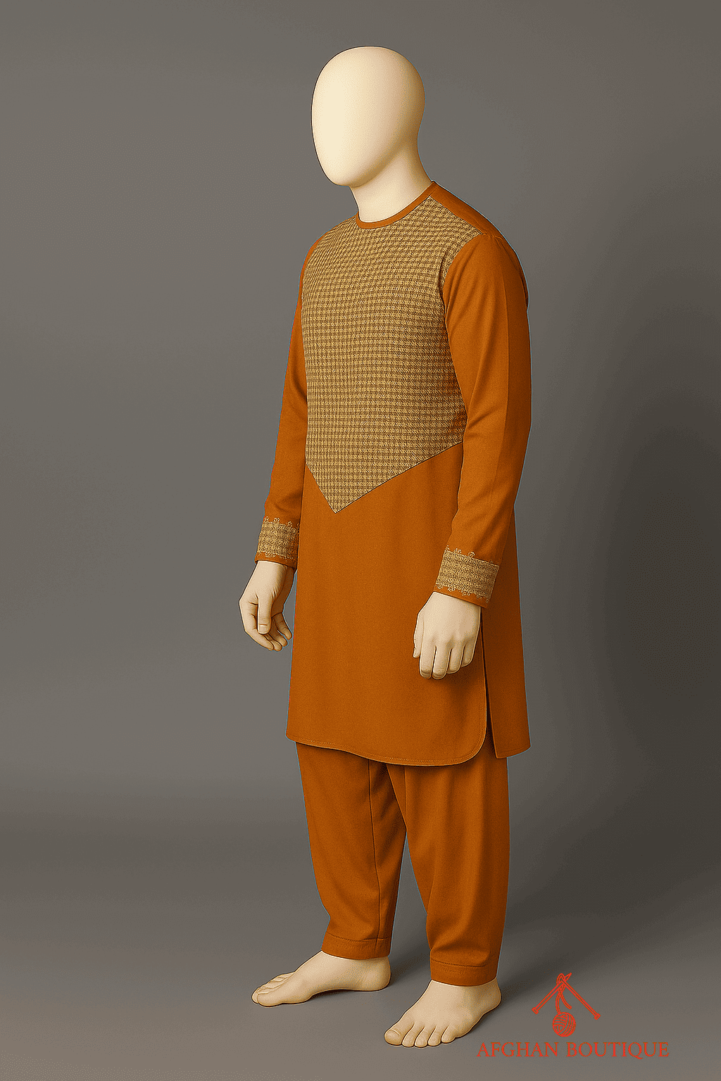 Left profile of traditional orange Afghani Kurta designed for cultural occasions.