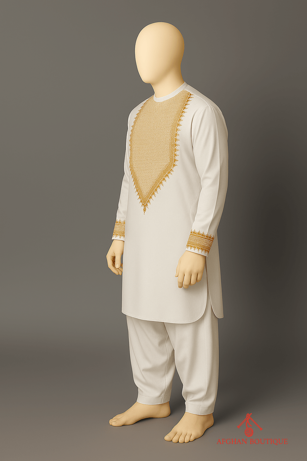 Left angle of white Afghani Kurta with minimalistic Afghan craftsmanship
