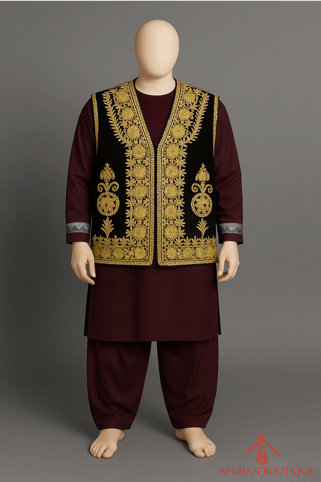Traditional Afghani black waistcoat with golden embroidery for men
