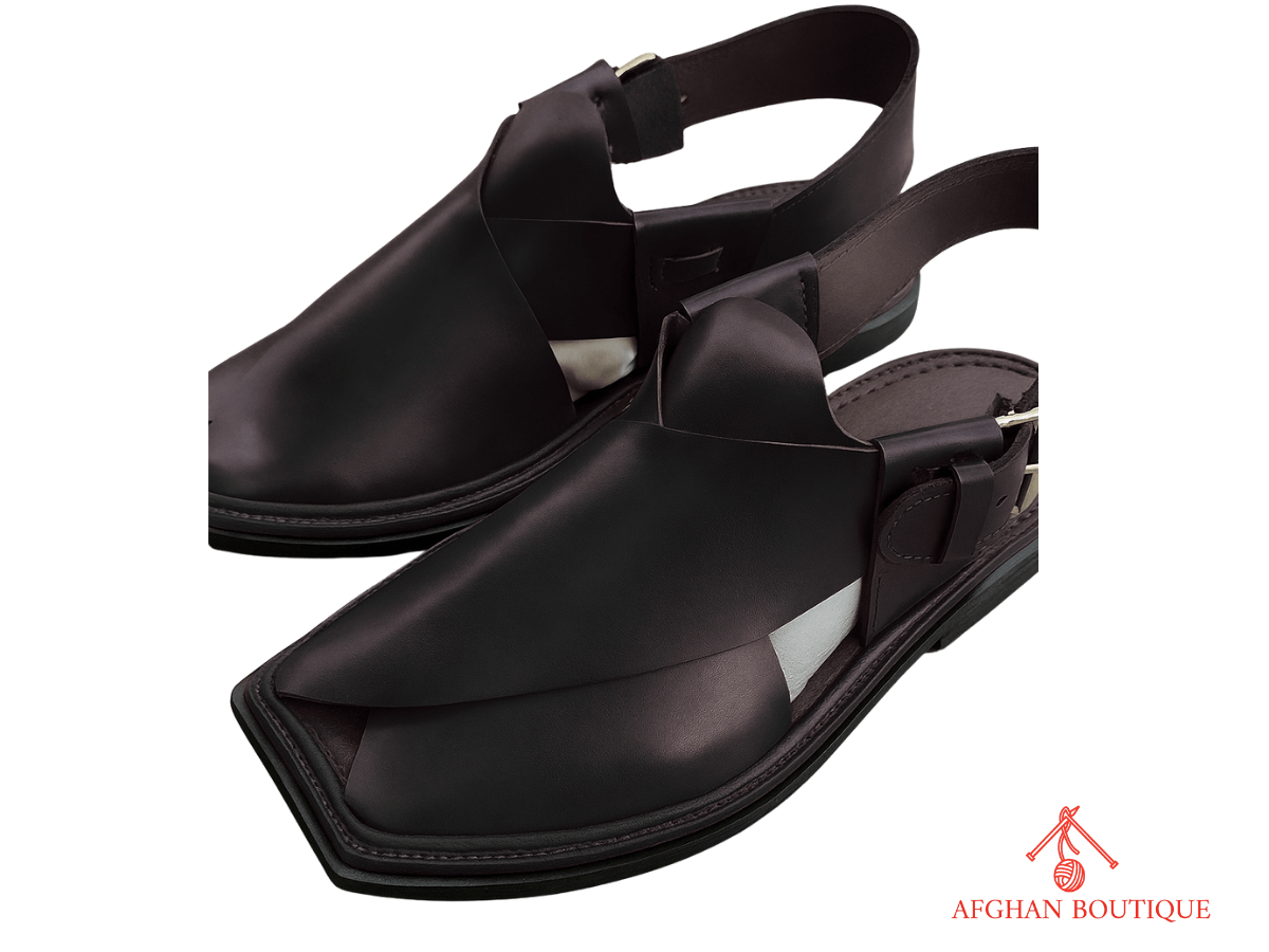 Black leather Afghani men’s shoes – authentic Afghan design left side view