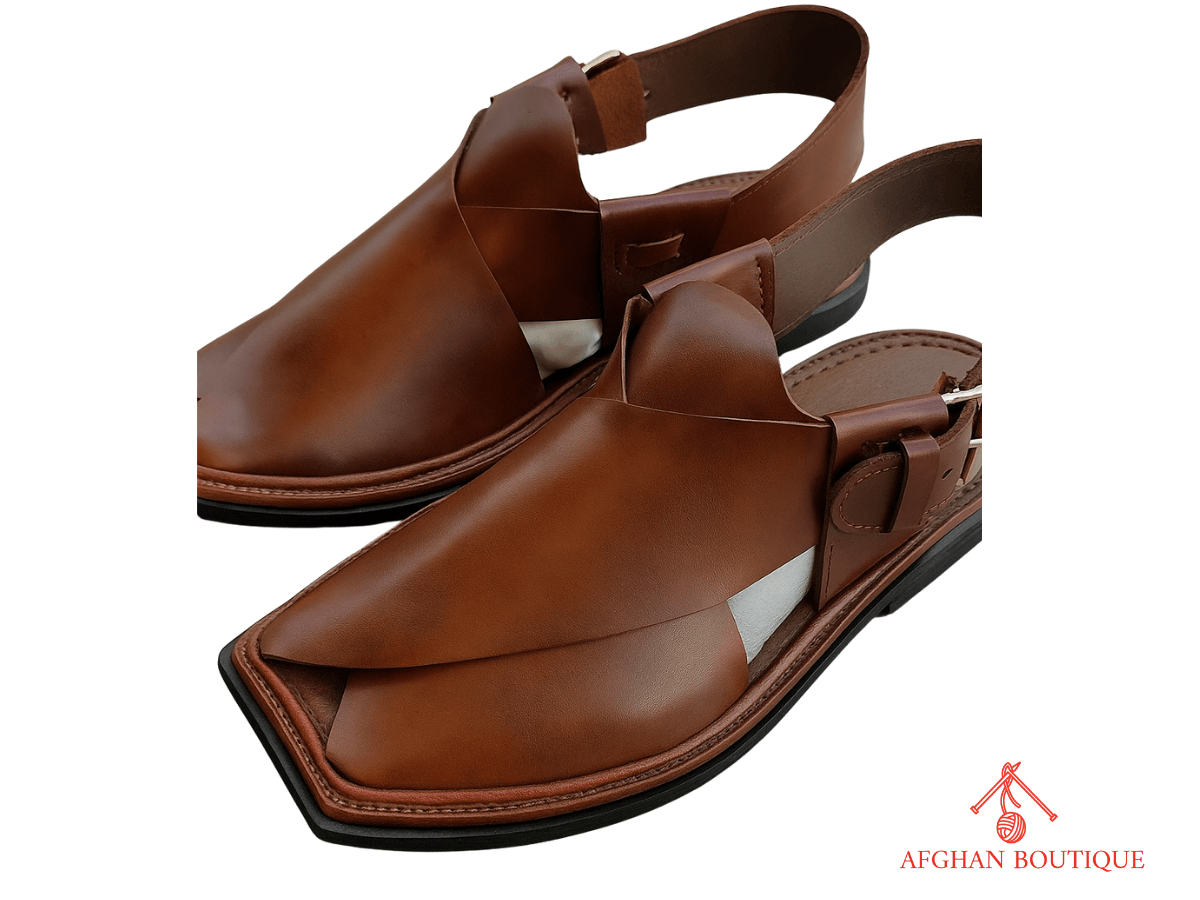 Brown leather Afghani men’s shoes – pure leather traditional style left angle view