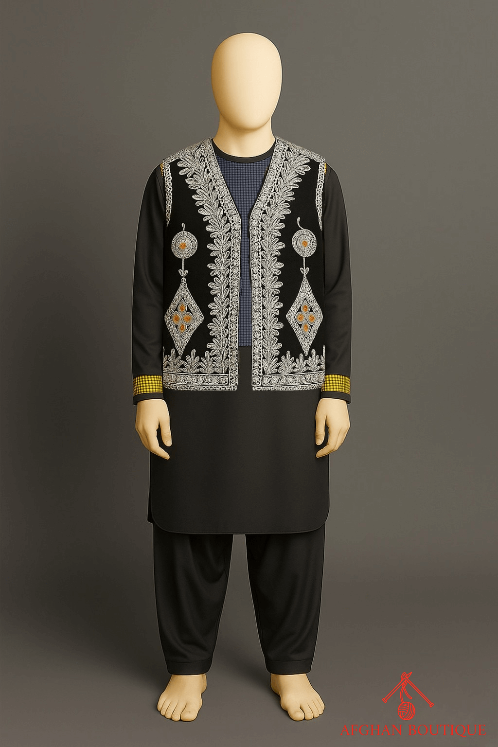 Classic green Afghani waistcoat with fine silver embroidery for men