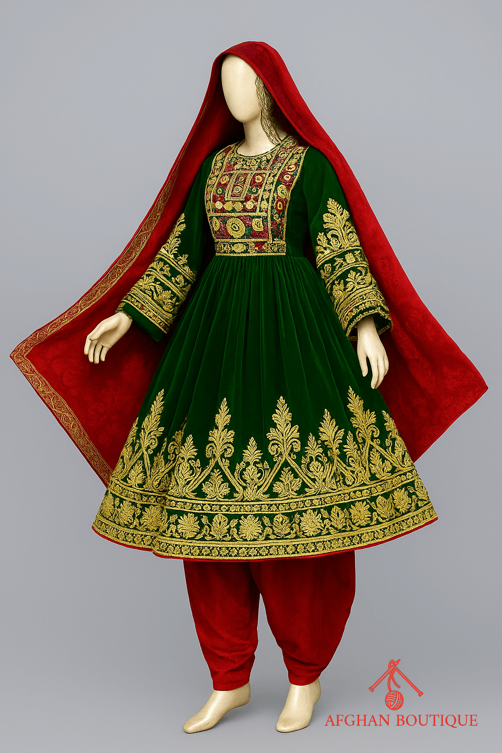 Left side of green and red Afghani frock featuring handcrafted detailing