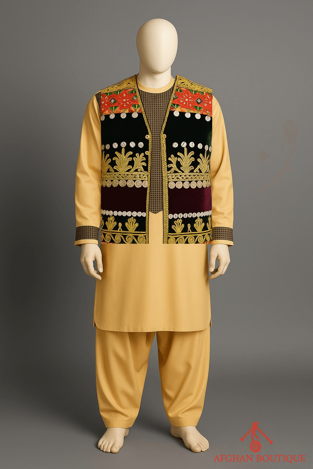 Multicolor Embroidered Afghani Velvet Waistcoat for Men - Afghan.boutique.us
