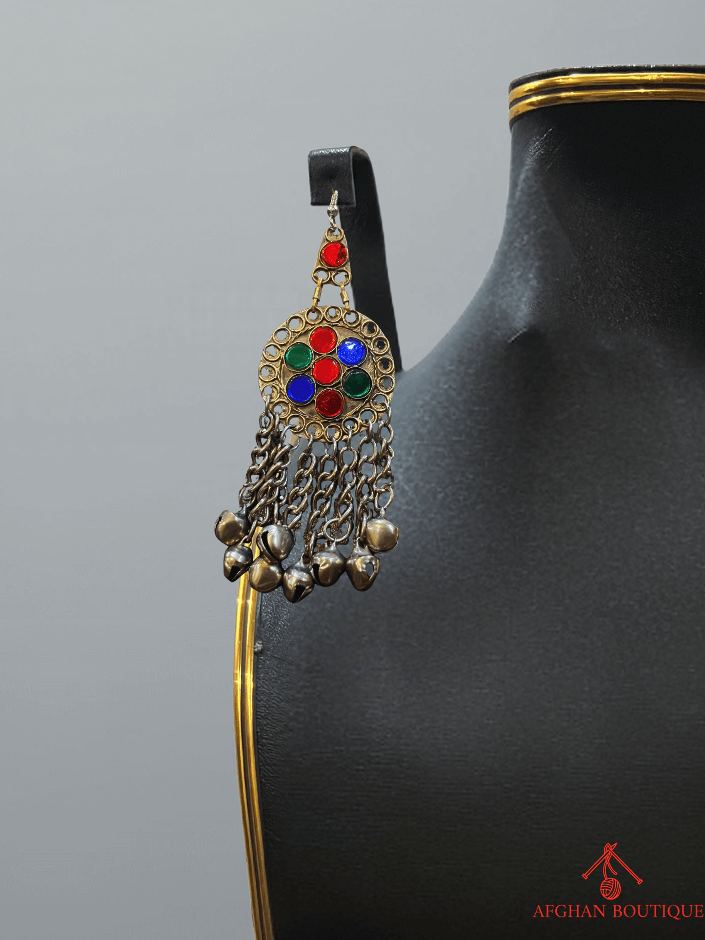 Right earring from multicolour Afghani handcrafted jewelry set, traditional ethnic design with handmade artistry.