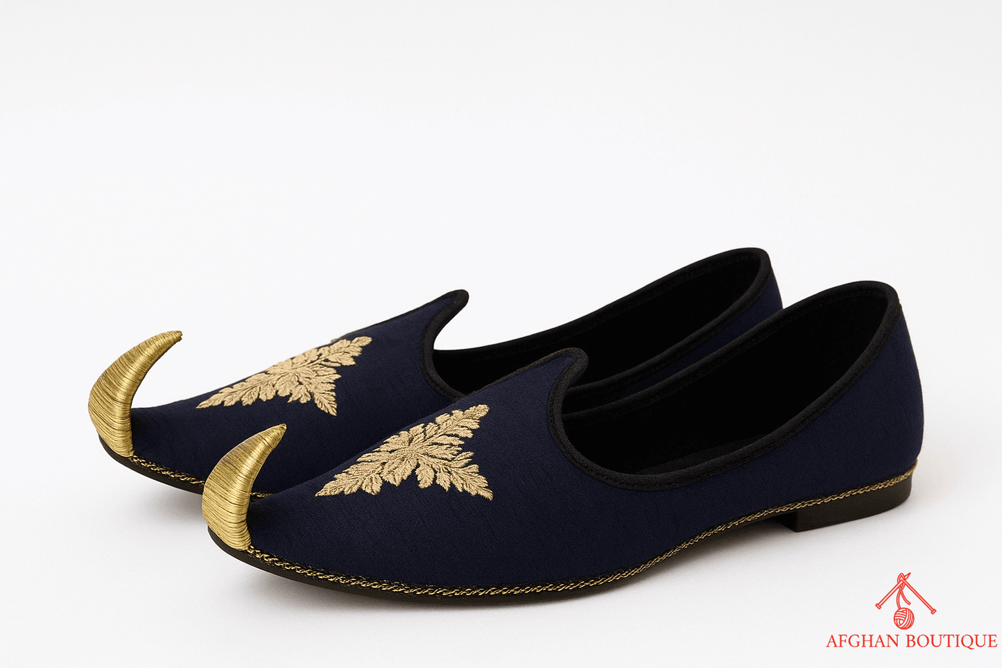 Navy Blue Leather Afghani Khussa for Men – Golden Embroidered Handmade Footwear - Afghan.boutique.us