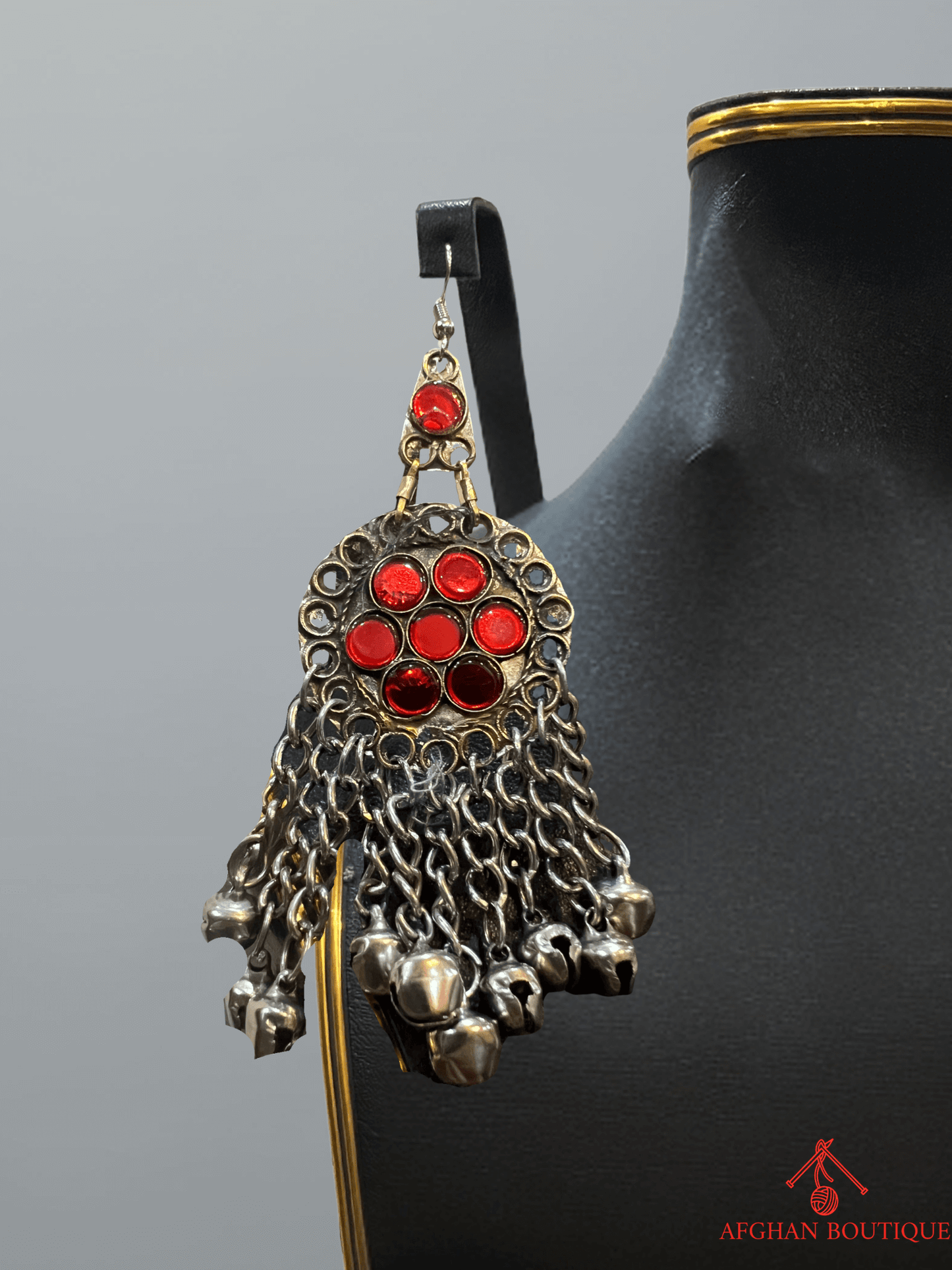 Red and gold handcrafted Afghani right earring