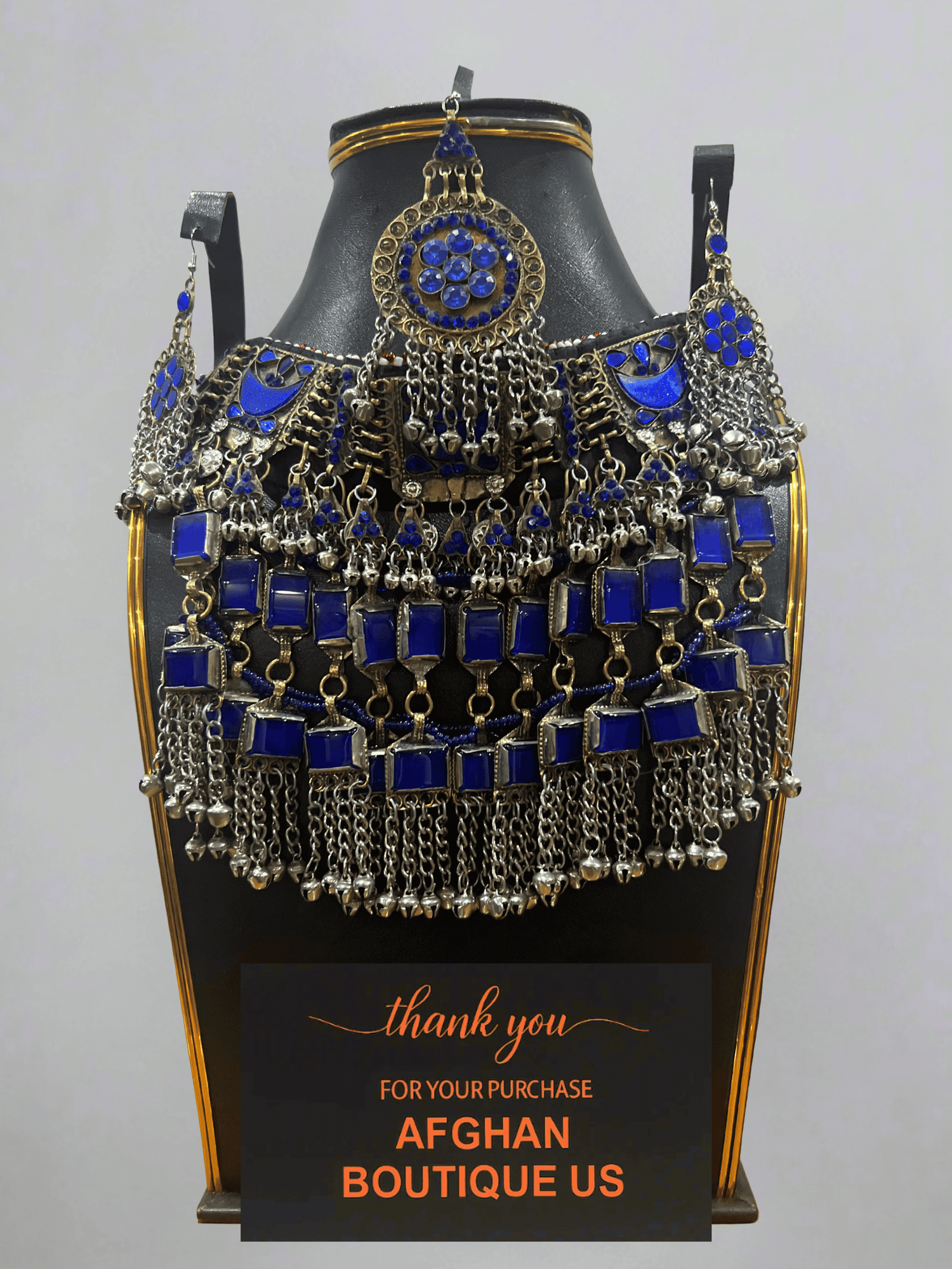 Dark blue Afghani jewelry set with silver highlights handmade