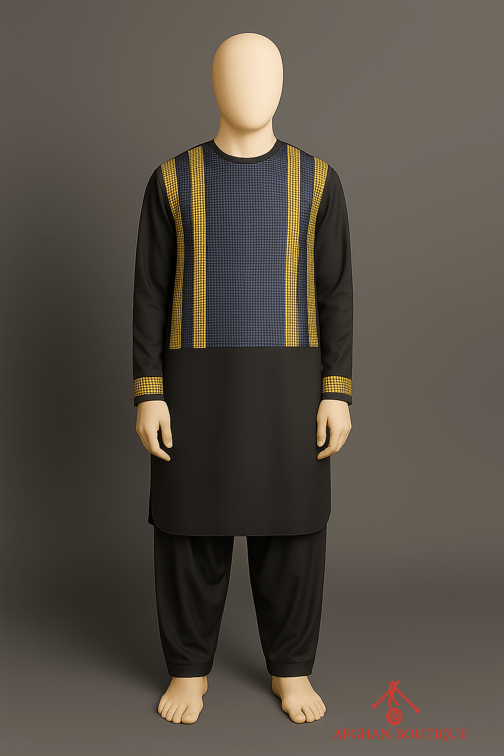 Embroidered Afghani black Kurta with golden threadwork, front view.
