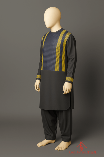 Left angle showing elegant pattern and shoulder detailing of Afghani black Kurta.
