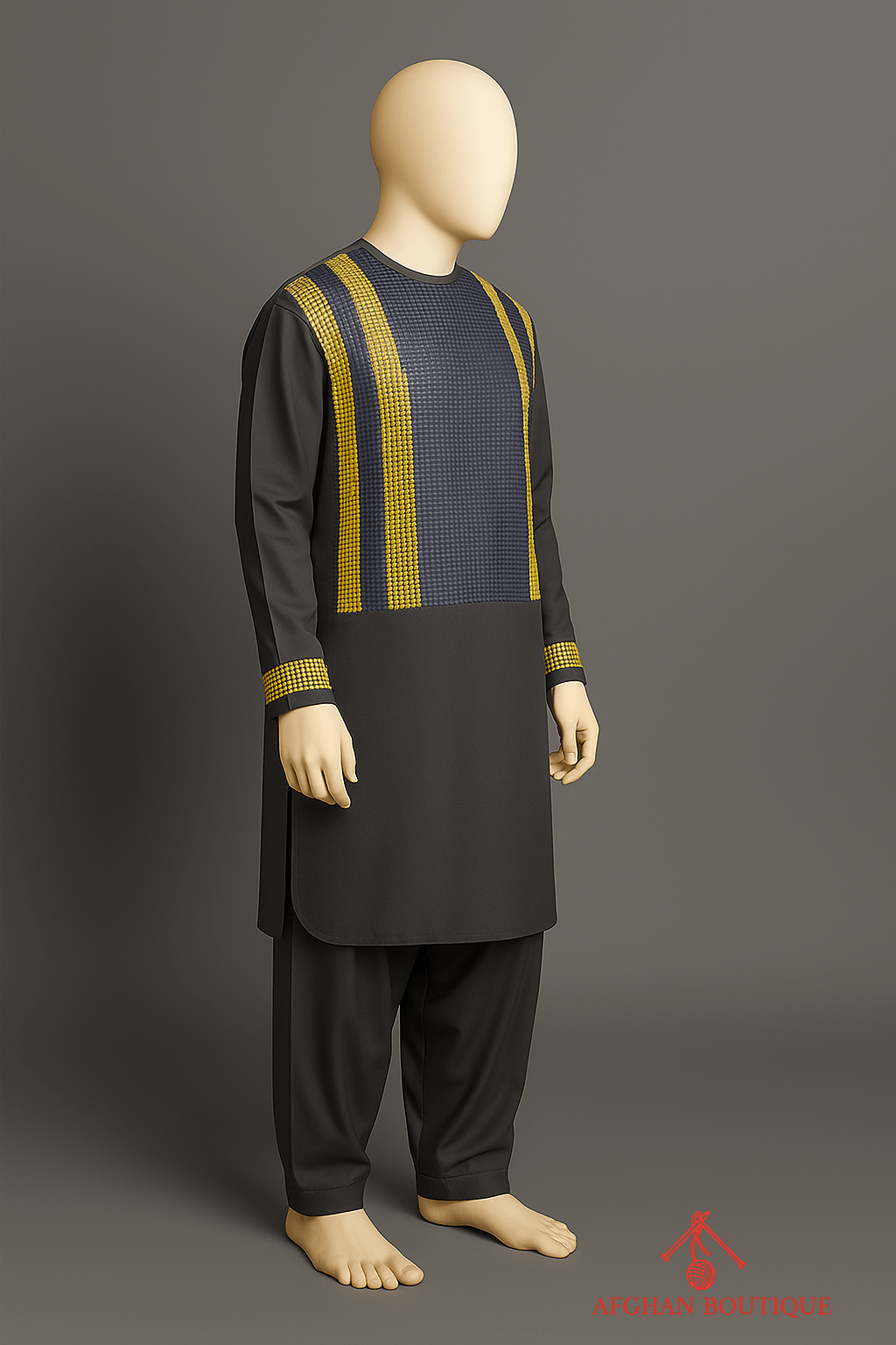 Right side view of unique Afghani black Kurta design with rich embroidery.
