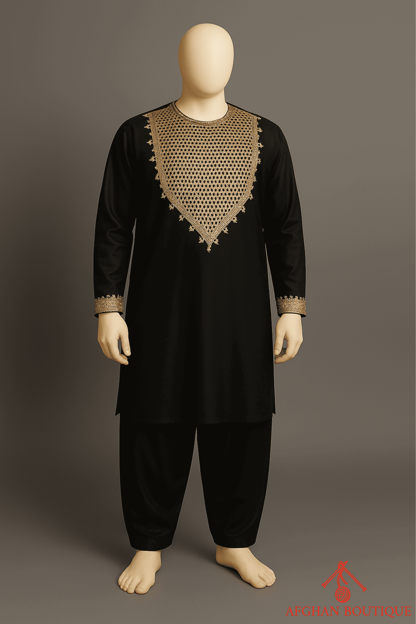 Black Afghani Kurta with traditional embroidery, front view showing detailed neckline design.
