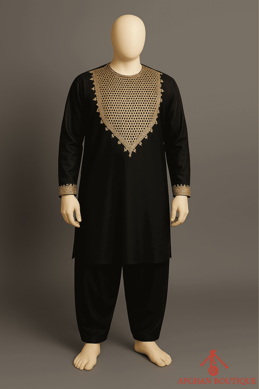 Black Afghani Kurta with traditional embroidery, front view showing detailed neckline design.
