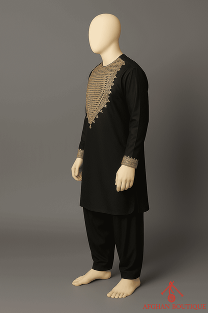 Left angle of black Afghani Kurta displaying soft fabric texture and stitching details.