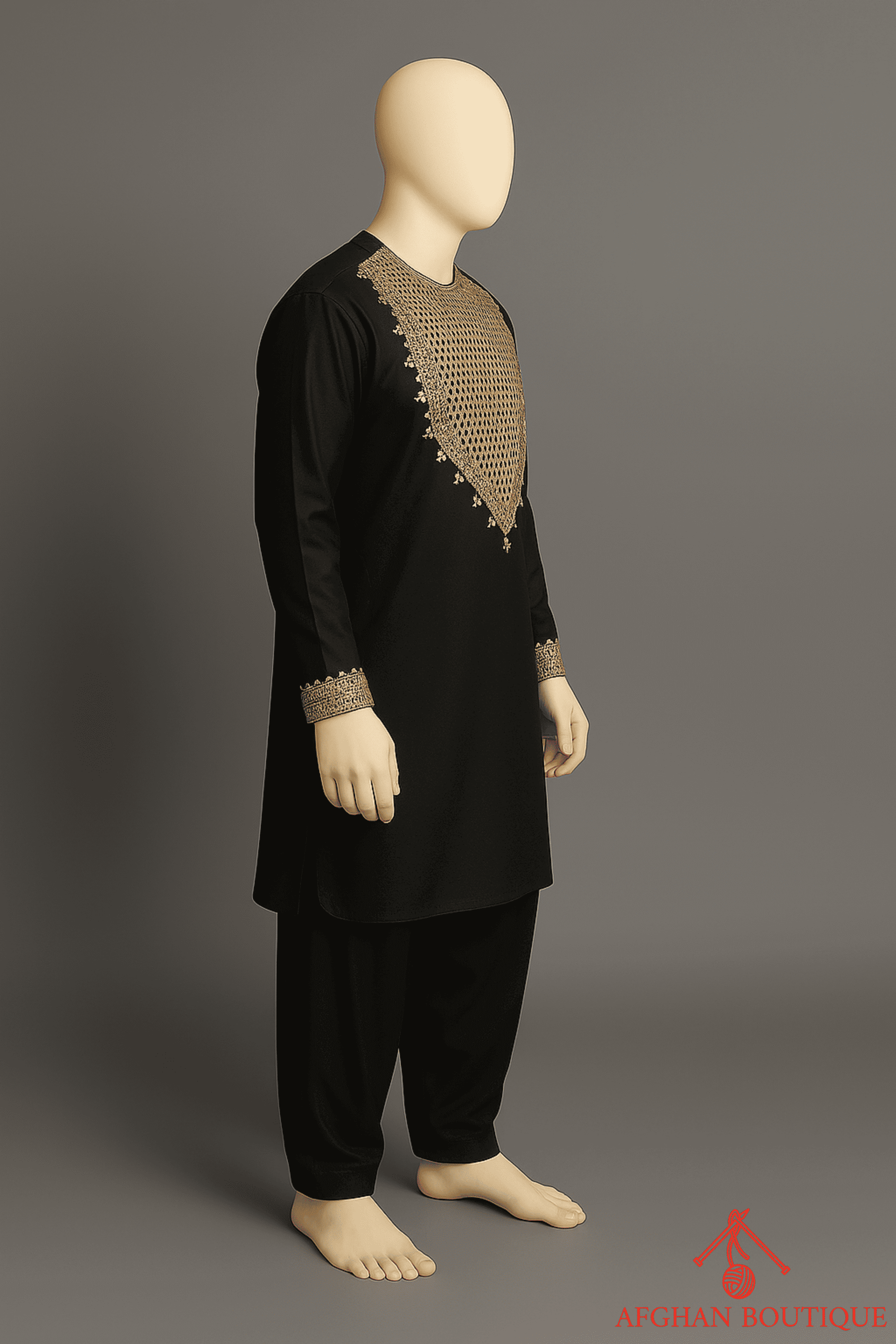 Side profile of black Afghani Kurta highlighting fine embroidered sleeves and fit.

