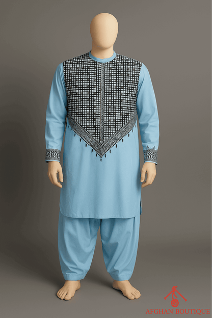 Left angle of black Afghani Kurta displaying soft fabric texture and stitching details.