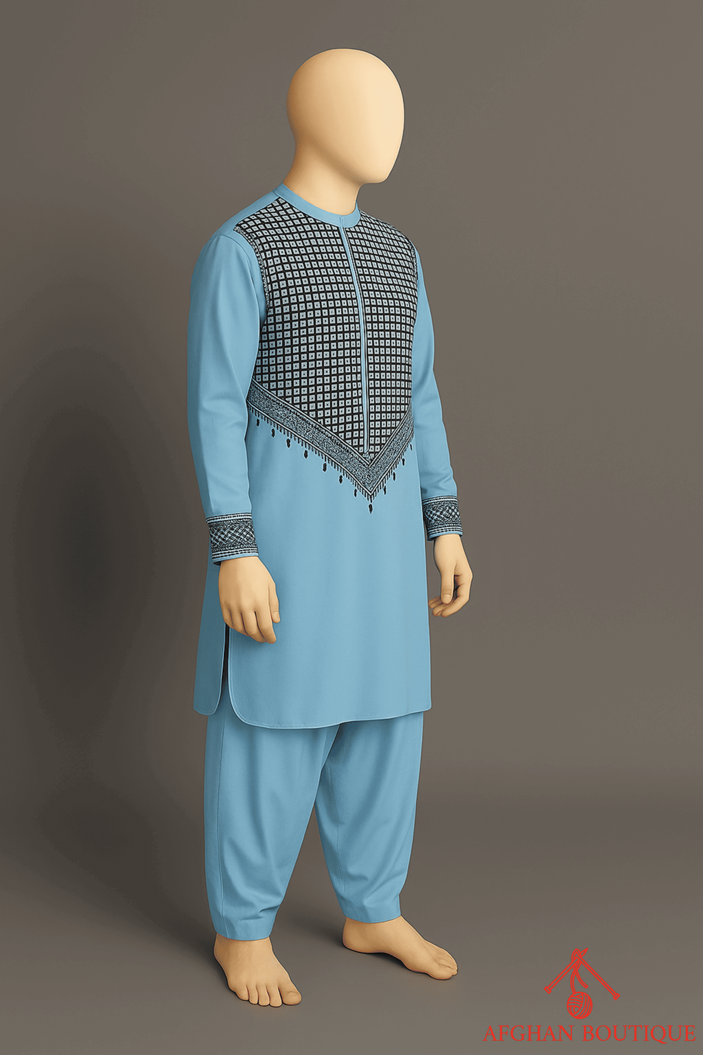 Right side of blue Afghani Kurta showing fine detailing and stitching quality.

