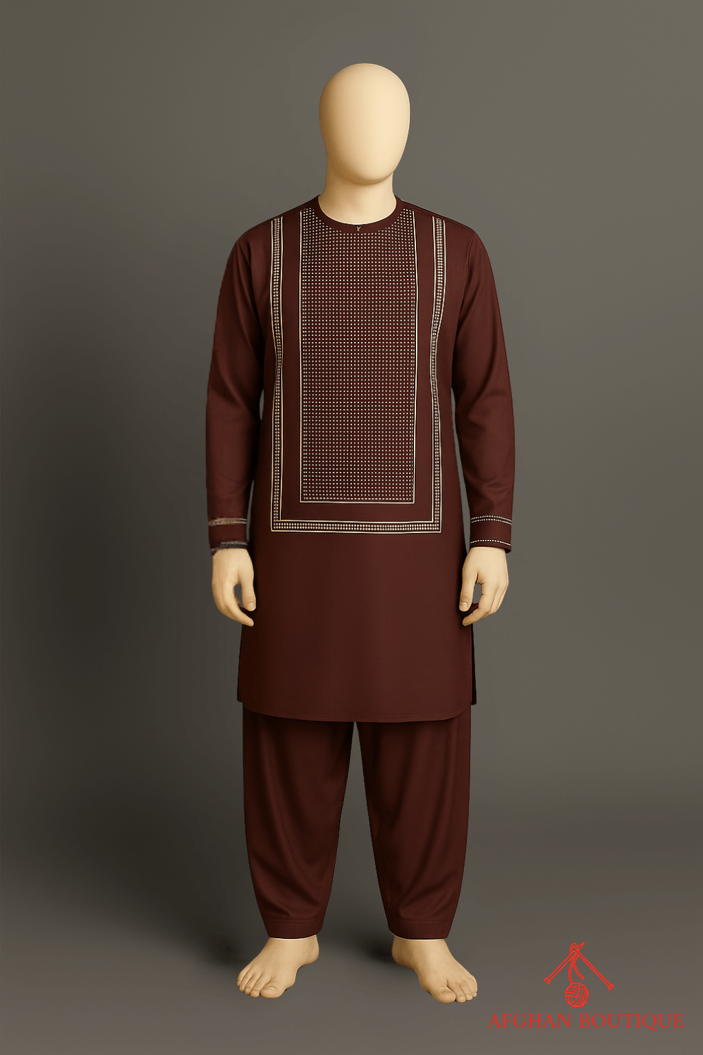 Maroon Afghani Kurta with golden embroidery, front display of traditional Afghan wear.
