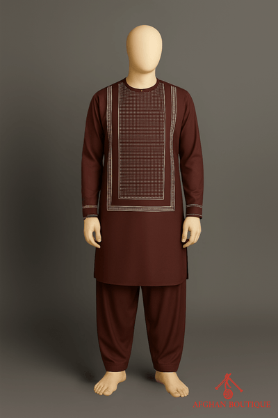 Maroon Afghani Kurta with golden embroidery, front display of traditional Afghan wear.
