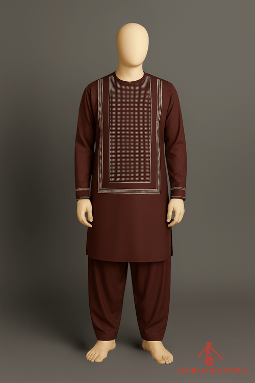 Maroon Afghani Kurta with golden embroidery, front display of traditional Afghan wear.
