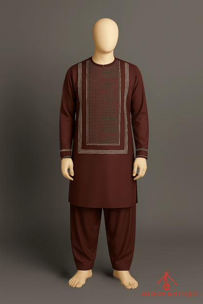 Maroon Afghani Kurta with golden embroidery, front display of traditional Afghan wear.
