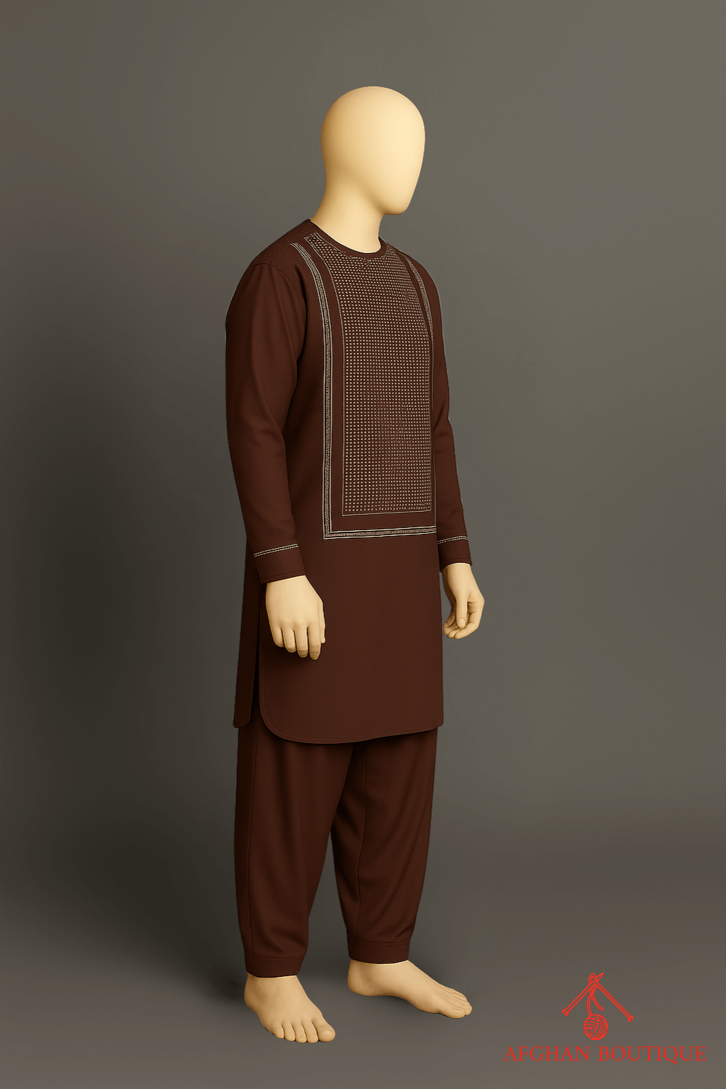 Right side view of brown Afghani Kurta, showcasing sleeve embroidery.
