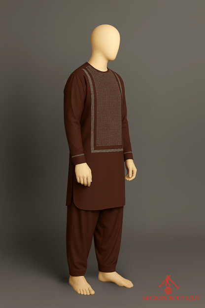 Right side view of brown Afghani Kurta, showcasing sleeve embroidery.
