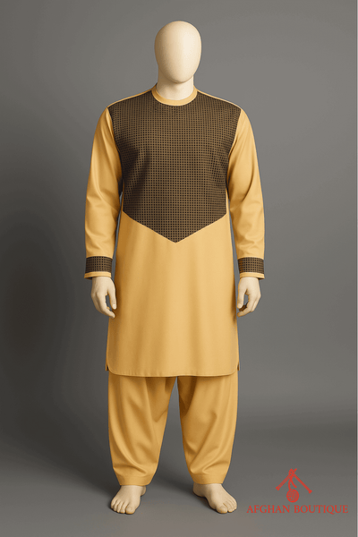 Golden Afghani Kurta with elegant threadwork, front view of festive design.
