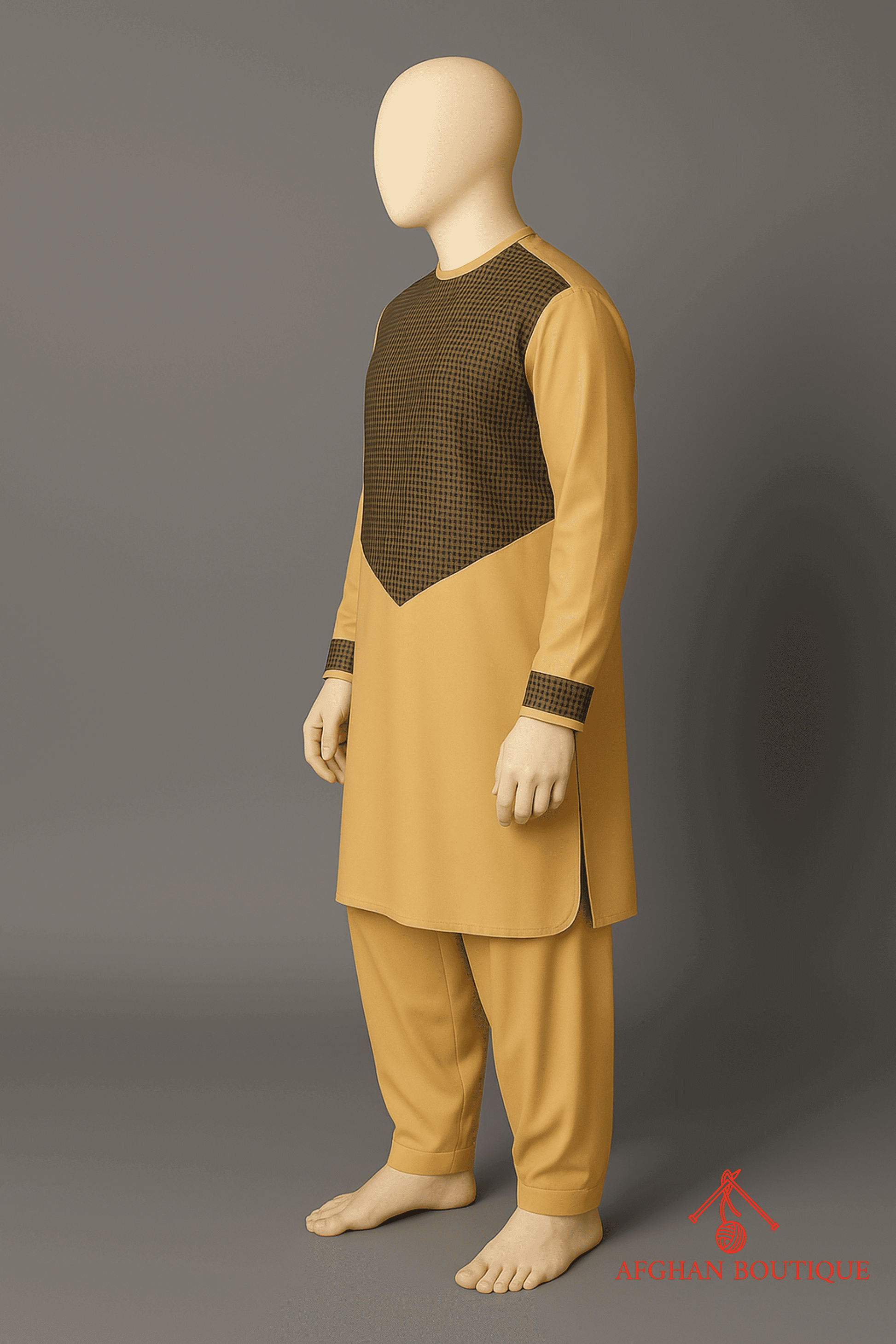 Left view of Afghani Kurta in golden tone, showing luxurious texture and shine.