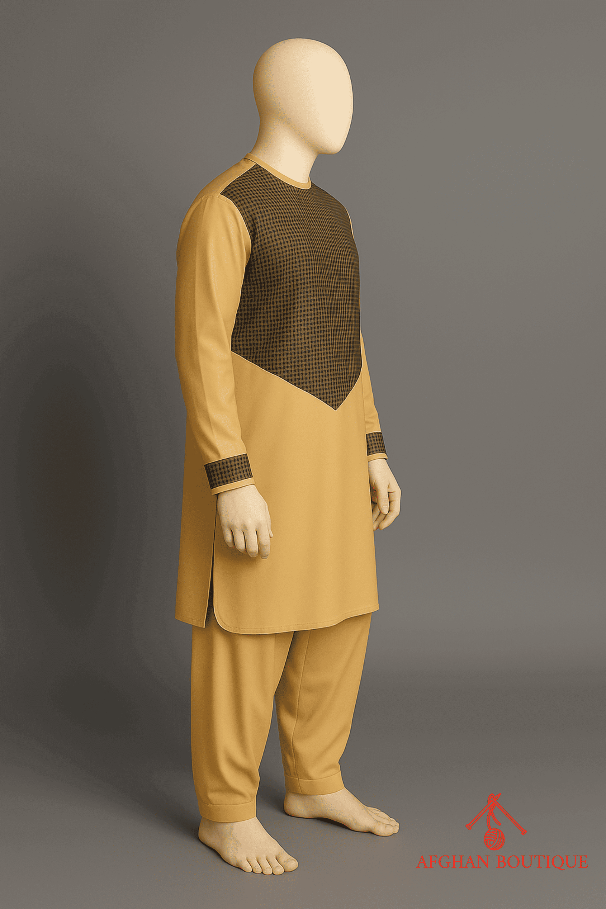 Right side of golden Afghani Kurta displaying embroidered cuffs.
