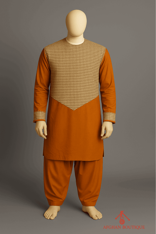 Orange Afghani Kurta with delicate embroidery, front angle of festive mens outfit.
