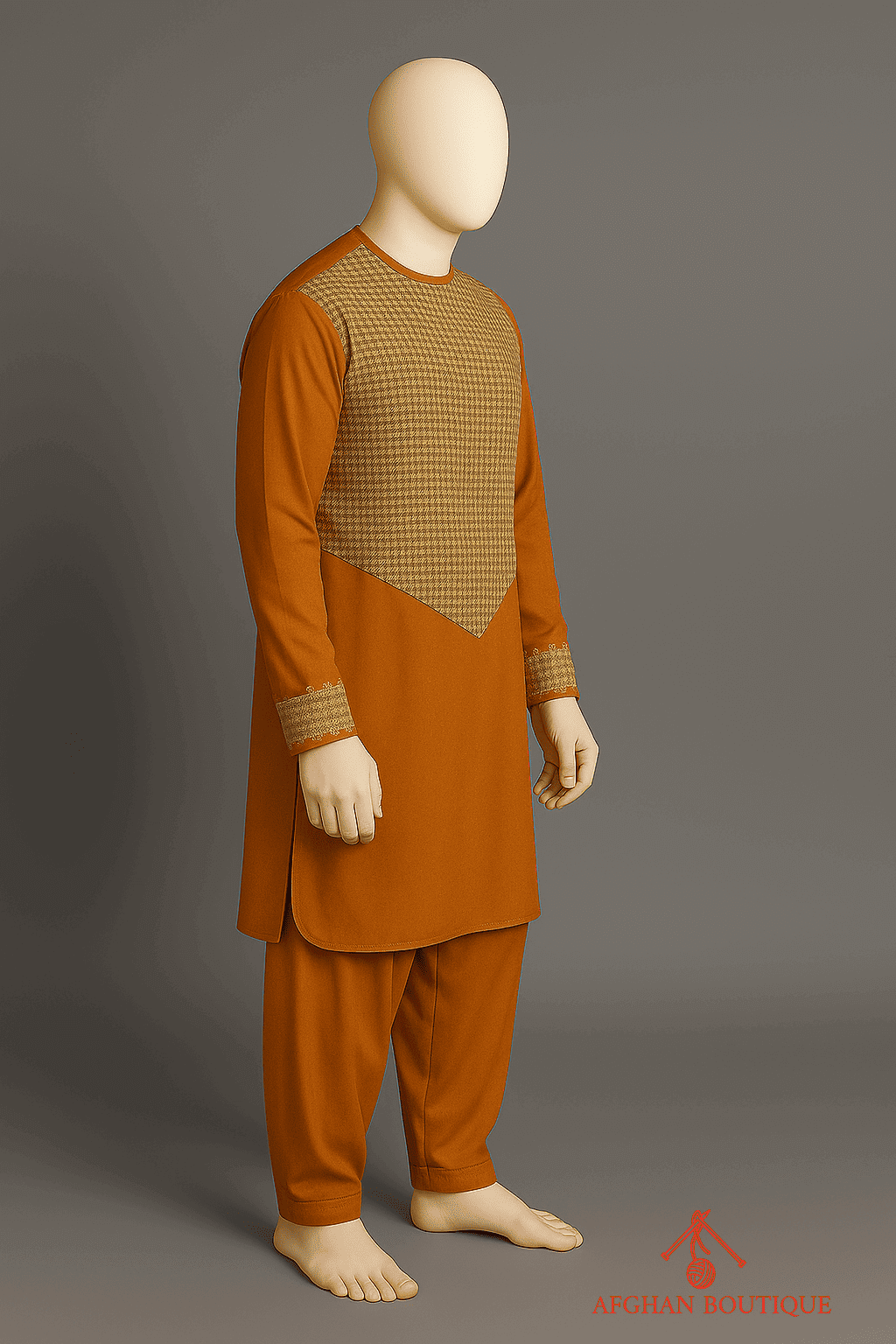 Right side view of bright orange Afghani Kurta showcasing artisan stitching.
