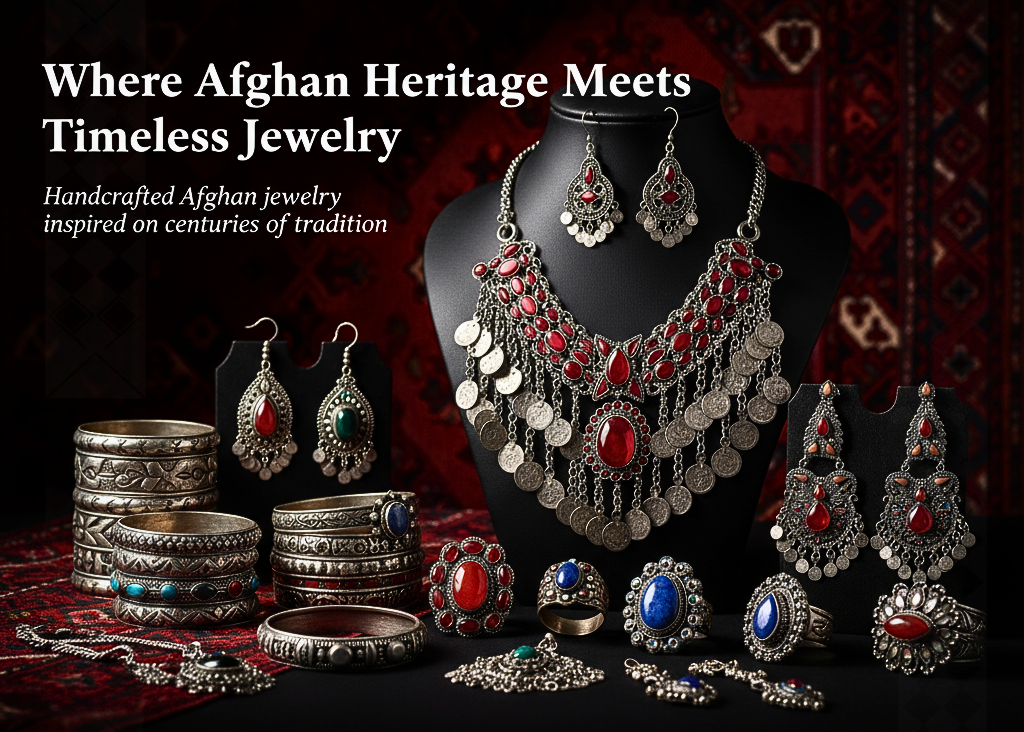 Handcrafted Afghan jewelry set with necklaces, earrings, and rings on a dark background.