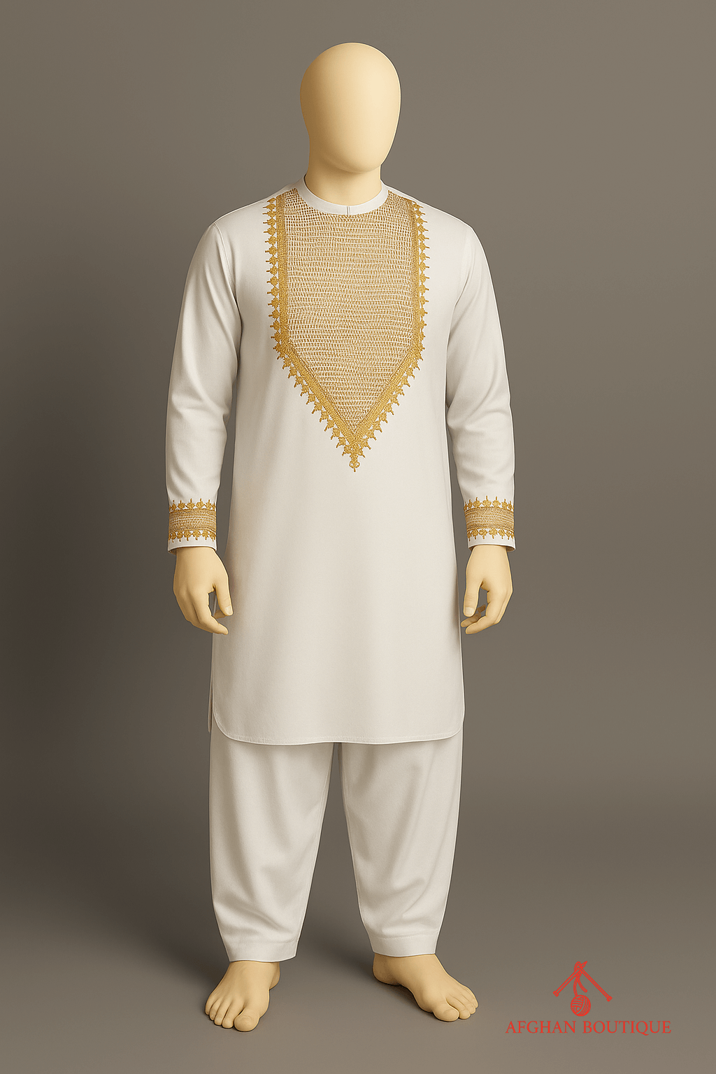 White Afghani Kurta with light embroidery, front view highlighting neckline design.
