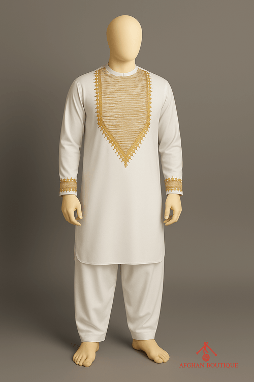 White Afghani Kurta with light embroidery, front view highlighting neckline design.
