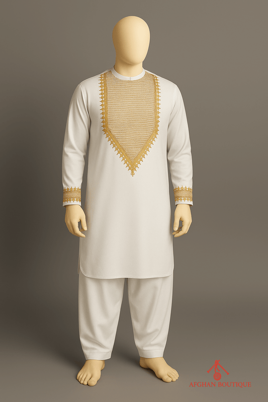 White Afghani Kurta with light embroidery, front view highlighting neckline design.

