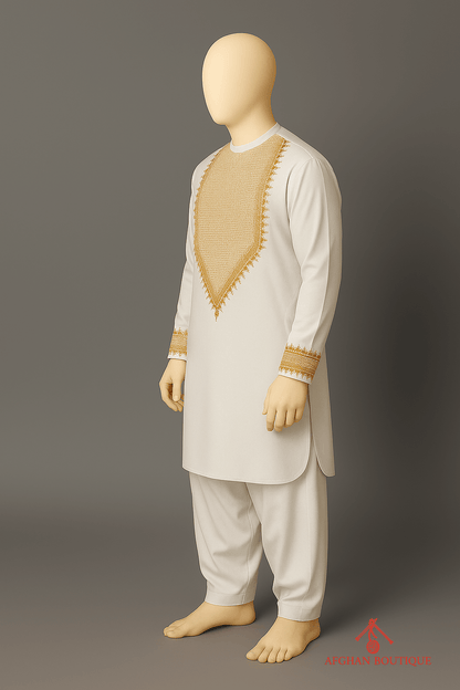 Left angle of white Afghani Kurta with minimalistic Afghan craftsmanship
