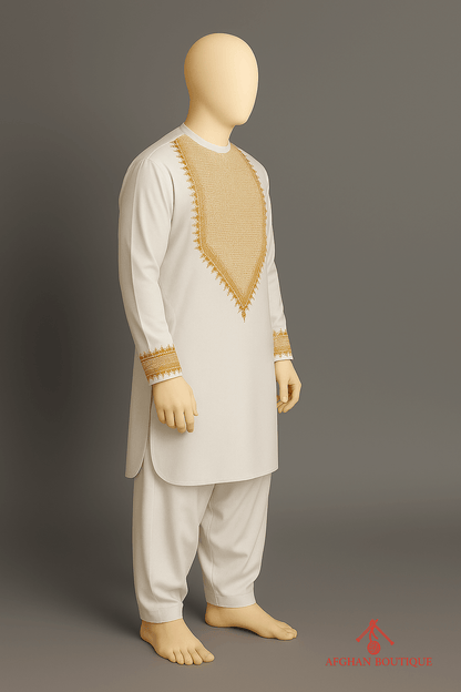 Right side of white Afghani Kurta displaying elegant and clean stitching.
