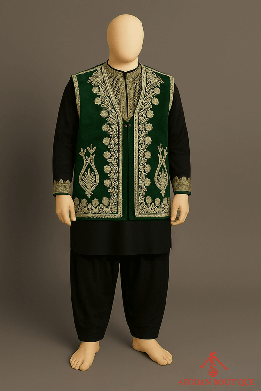 Afghani Green Waistcoat for Men with Traditional Thread Embroidery - Afghan.boutique.us