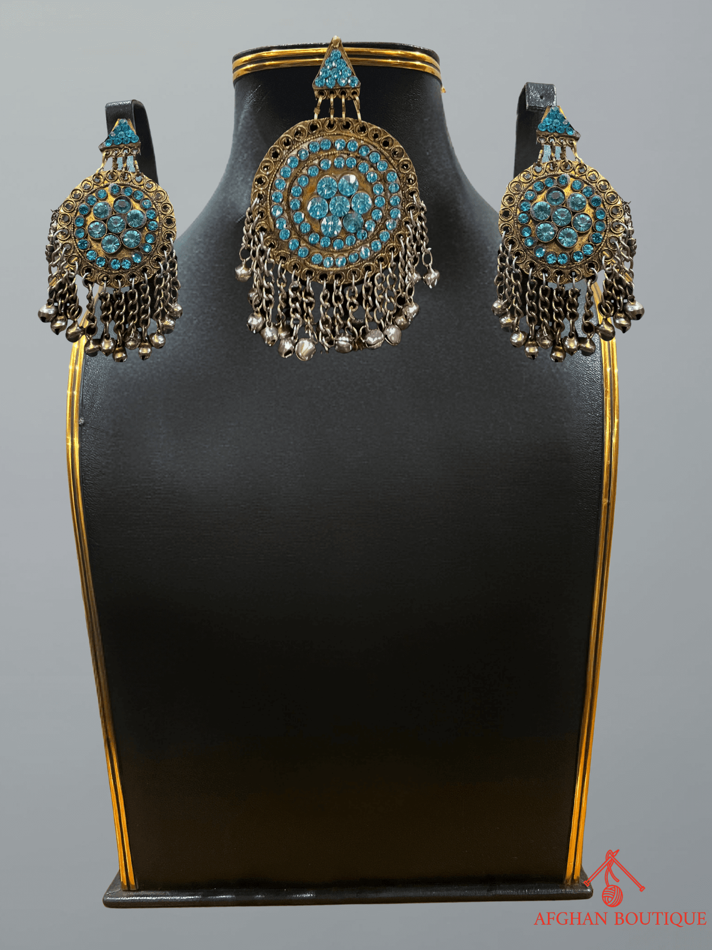 Light blue handcrafted Afghani headpiece with earrings
