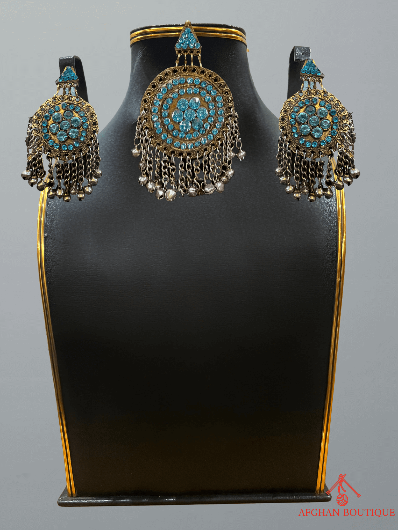 Light blue handcrafted Afghani headpiece with earrings
