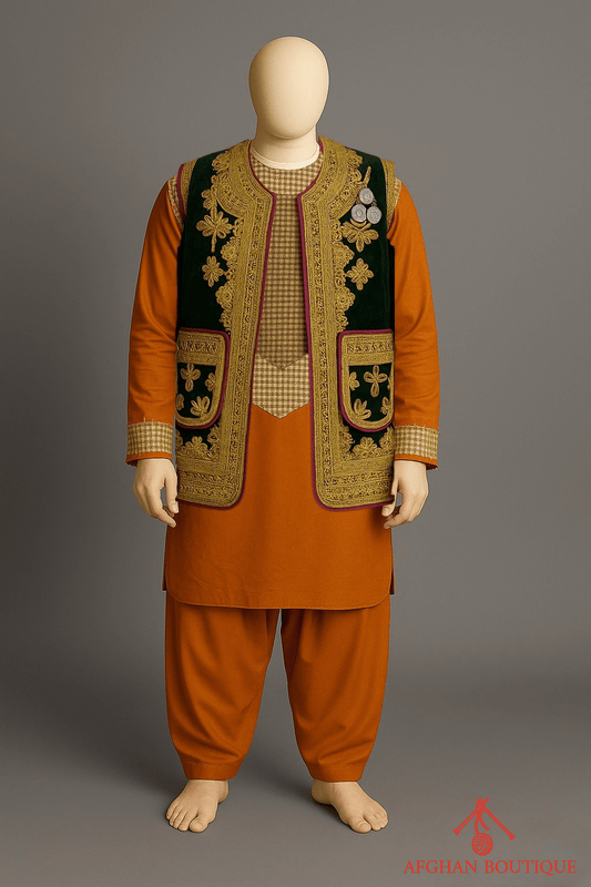 Black Afghani Waistcoat for Men with Orange & Golden Embroidery - Afghan.boutique.us