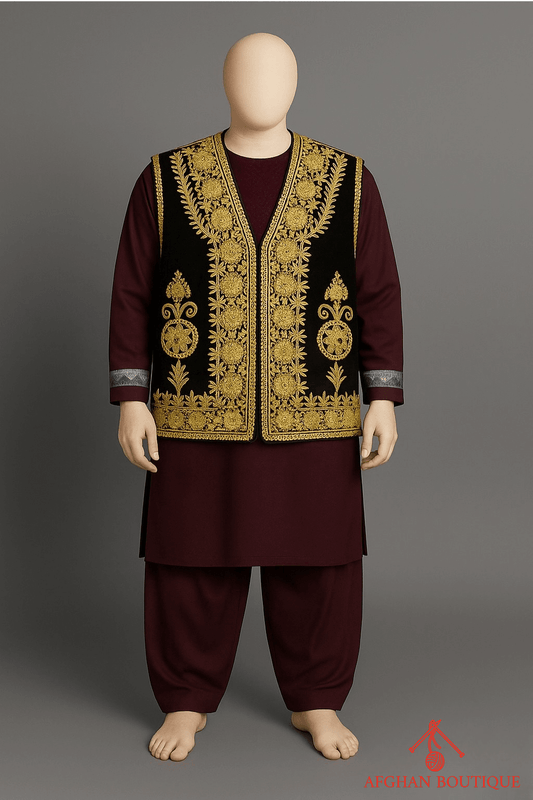 Traditional Afghani black waistcoat with golden embroidery for men