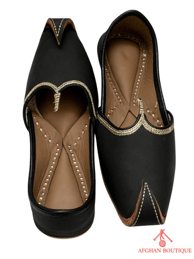 Black Afghani khosa for men – handmade traditional ethnic shoe front view
