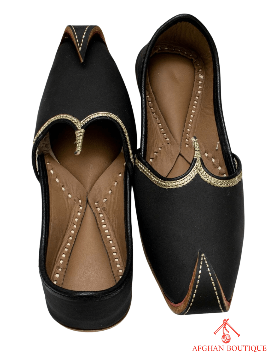 Black Leather Afghani Khussa for Men – Hand - Stitched Traditional Footwear - Afghan.boutique.us