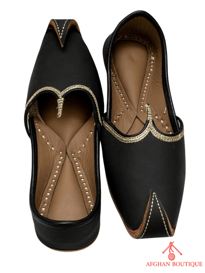 Black Leather Afghani Khussa for Men – Hand - Stitched Traditional Footwear - Afghan.boutique.us
