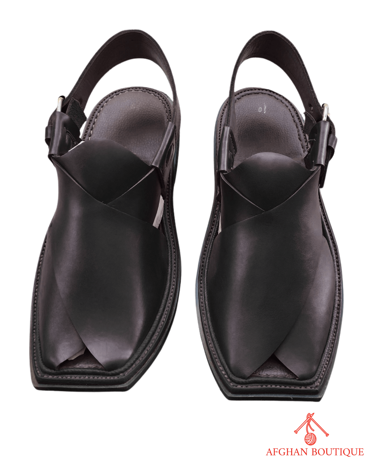 Black leather Afghani men’s shoes – premium handmade Peshawari style front view
